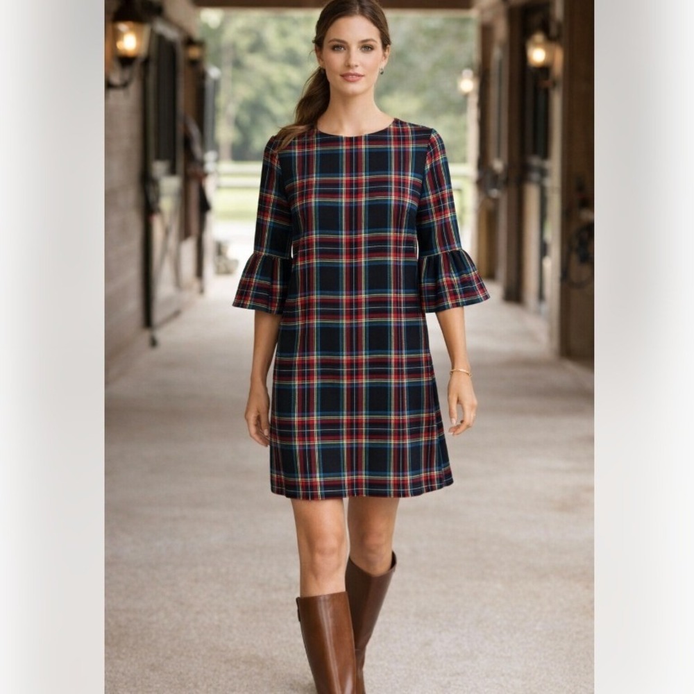 Vineyard Vines Plaid Shift Dress Equestrian Inspired Preppy Bell‎ Sleeve Size 0